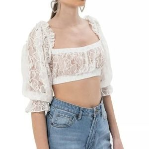 Kikiriki White Lace Crop Top S Puff Slv Sheer Club Sheer Festival Y2K